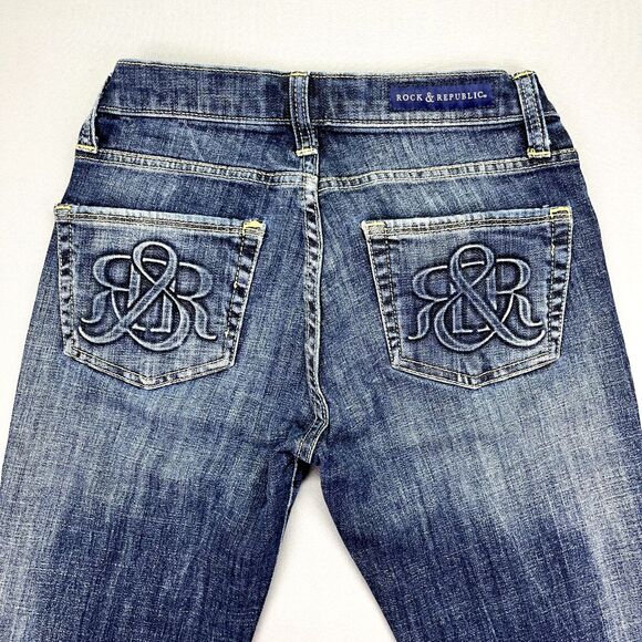 Rock & Republic Jeans Berlin Womens Sz 2 Skinny Denim Logo Pocket Blue Dark Wash - Picture 11 of 13